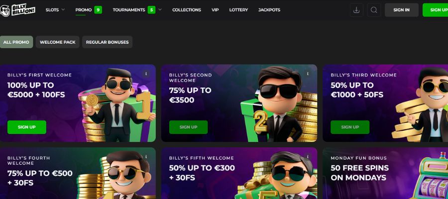 Billy Billion offers various introductory bonus categories